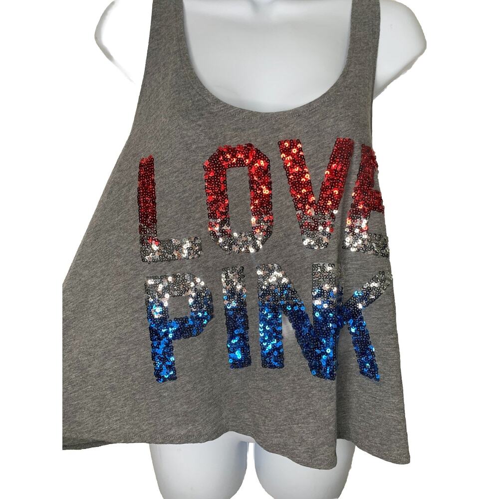 Victoria's Secret Pink Gray Tank Top " Love Pink" Red White And Blue Sz MED